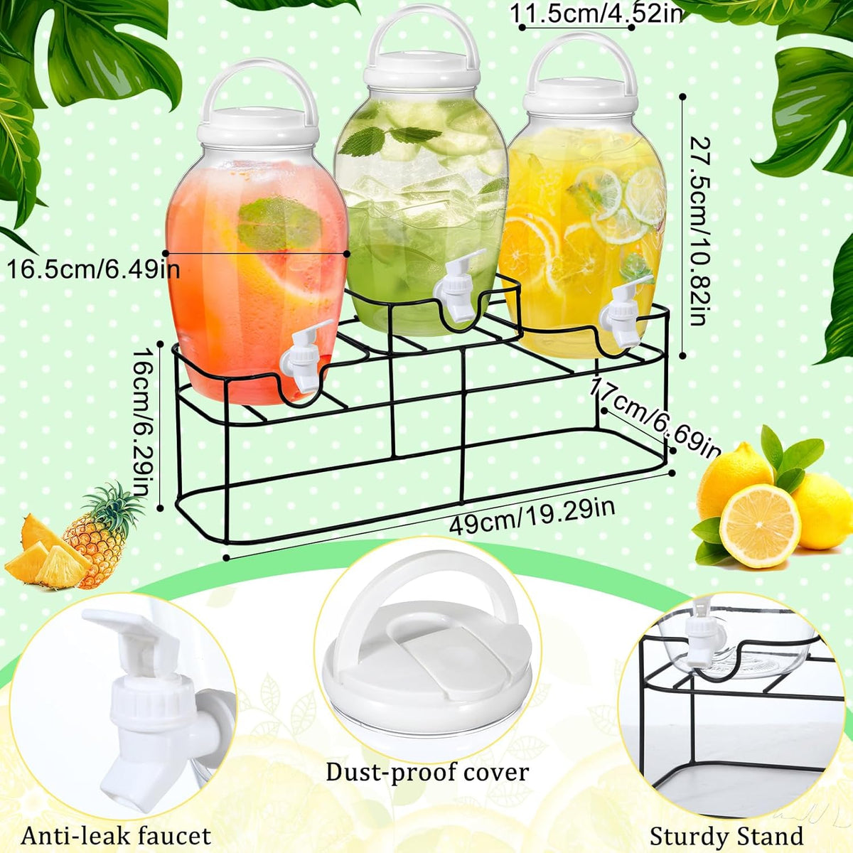 3pcs 1.2 Gal Plastic Drink Dispenser with Spigot Metal Stand, White