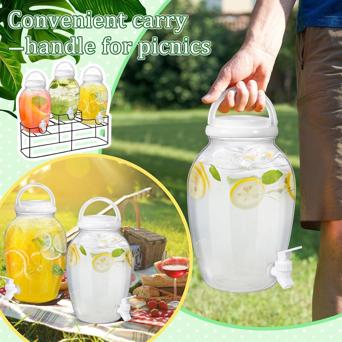 3pcs 1.2 Gal Plastic Drink Dispenser with Spigot Metal Stand, White