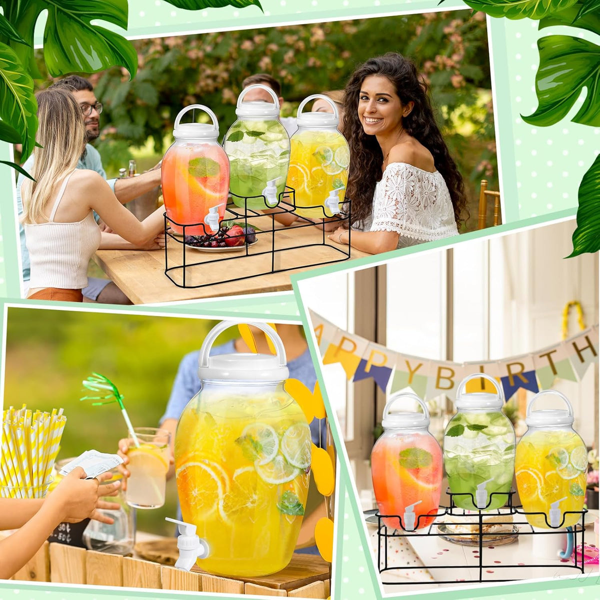 3pcs 1.2 Gal Plastic Drink Dispenser with Spigot Metal Stand, White
