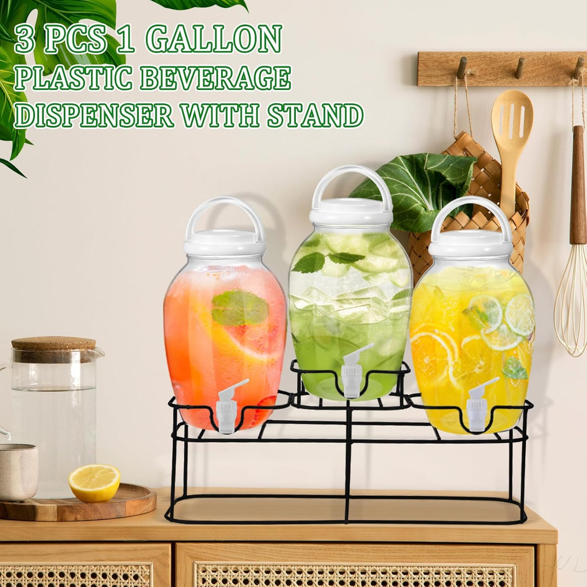 3pcs 1.2 Gal Plastic Drink Dispenser with Spigot Metal Stand, White
