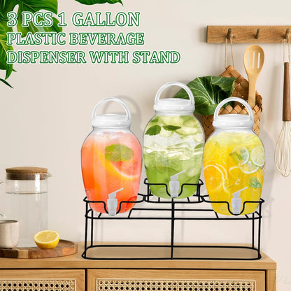 3pcs 1.2 Gal Plastic Drink Dispenser with Spigot Metal Stand, White