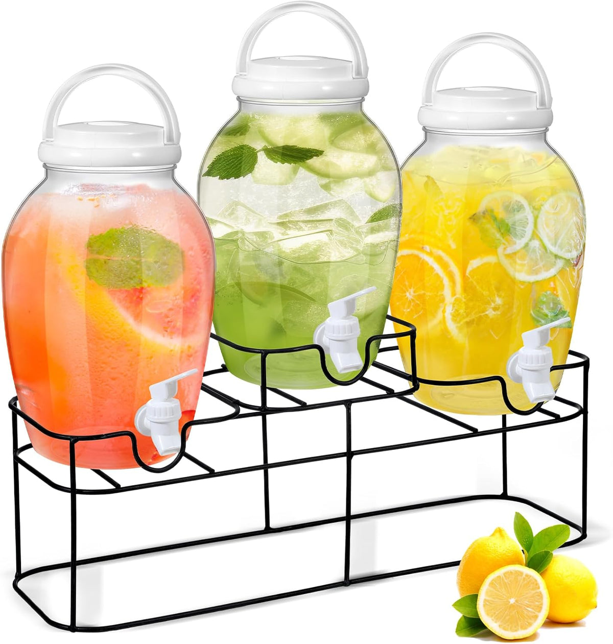 3pcs 1.2 Gal Plastic Drink Dispenser with Spigot Metal Stand, White