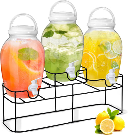 3pcs 1.2 Gal Plastic Drink Dispenser with Spigot Metal Stand, White