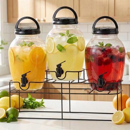 3pcs 1.2 Gal Plastic Drink Dispenser with Spigot Metal Stand, White