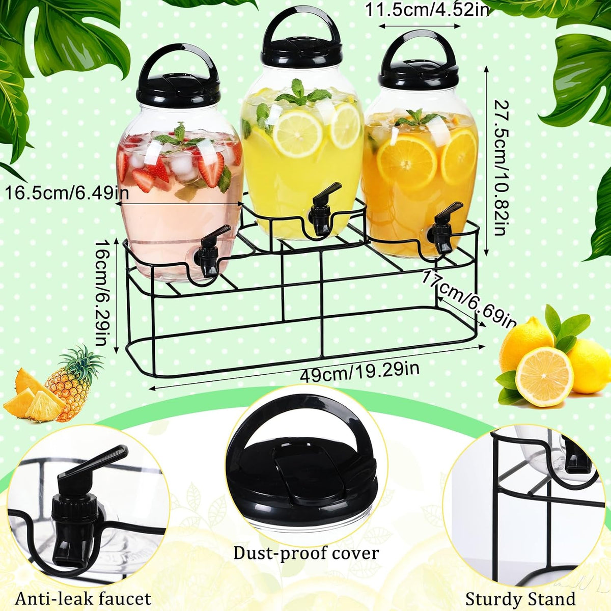 3pcs 1.2 Gal Plastic Drink Dispenser with Spigot Metal Stand, White