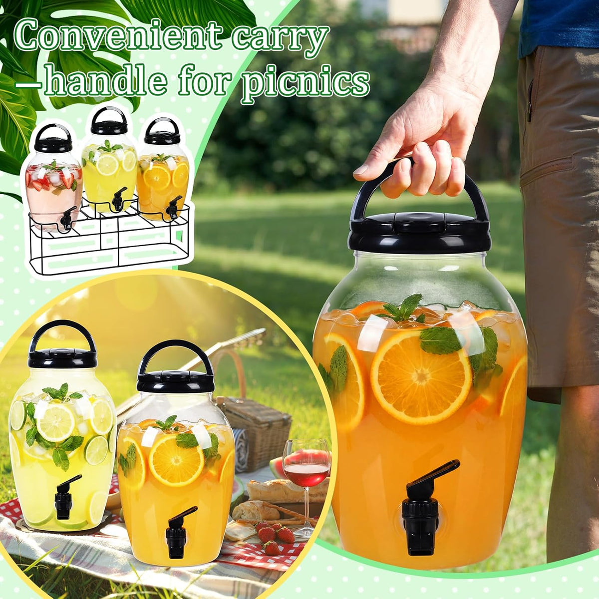 3pcs 1.2 Gal Plastic Drink Dispenser with Spigot Metal Stand, White