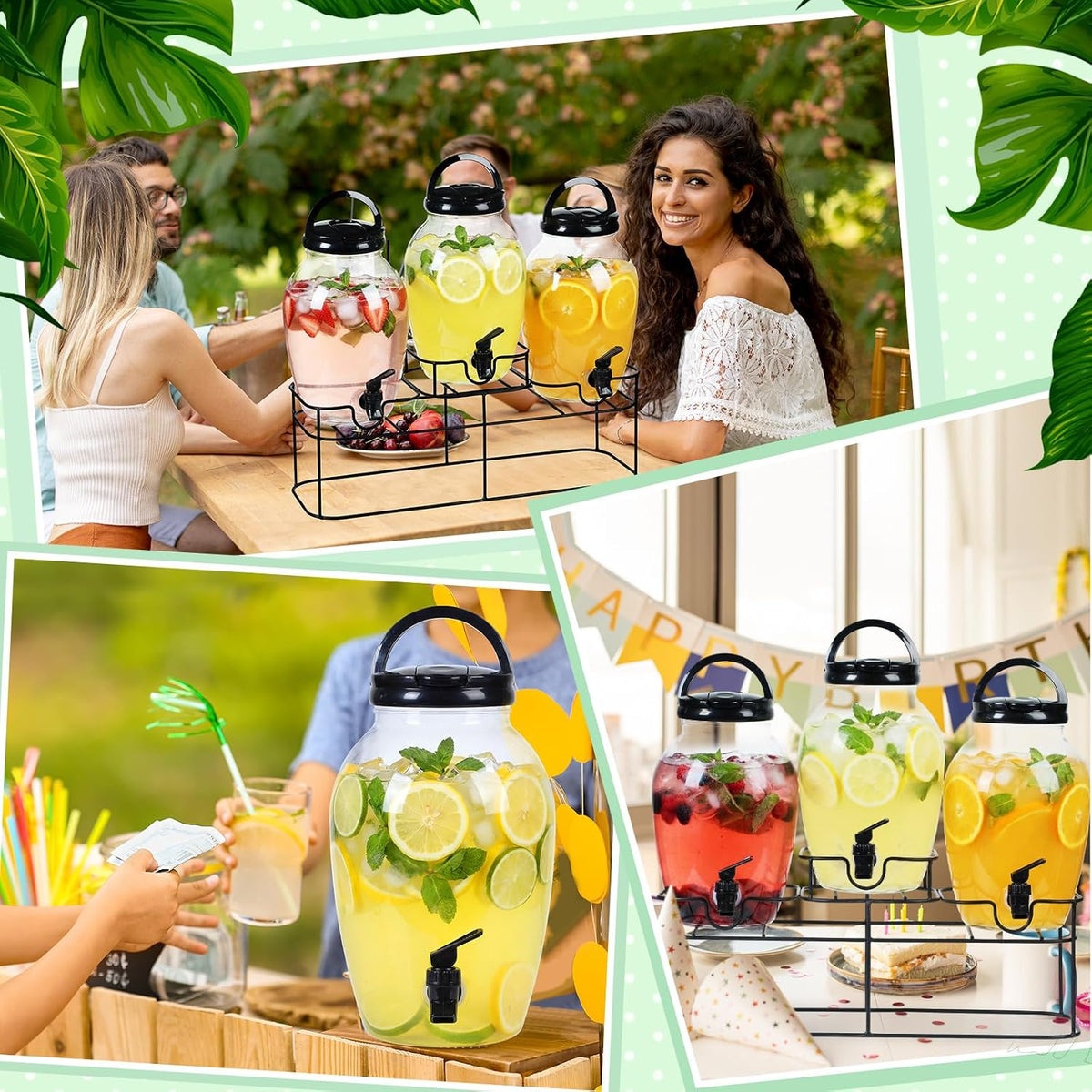 3pcs 1.2 Gal Plastic Drink Dispenser with Spigot Metal Stand, White