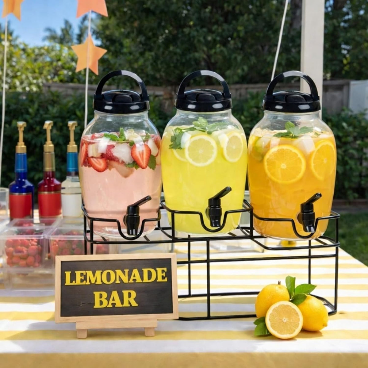 3pcs 1.2 Gal Plastic Drink Dispenser with Spigot Metal Stand, White