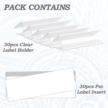 30-Pack Clear Plastic Shelf Label Holder Clips, Fits 0.6-0.78 inch Thick Wire & Wood Shelves, Includes 30 Blank Inserts for Retail Supermarket Organization