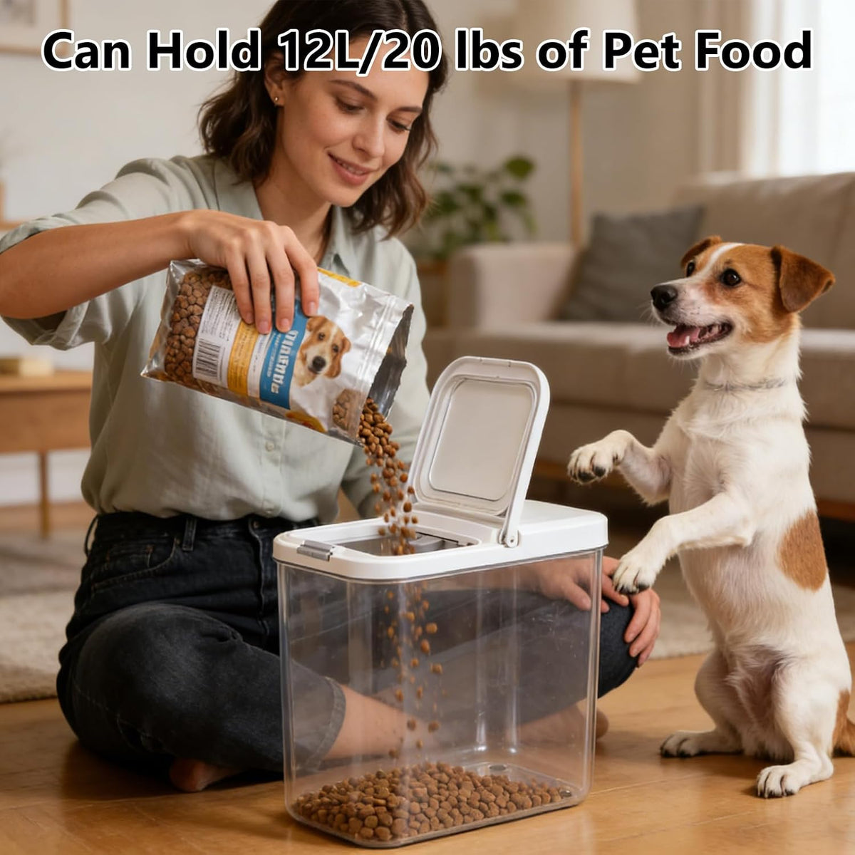 Pet Food Storage Container with Lid & Scooper 10-15lbs/12L Dog Food Storage Container Clear Airtight Cat Food Storage Container BPA Free Dog Treat Container Store Dry Food for Pantry Kitchen