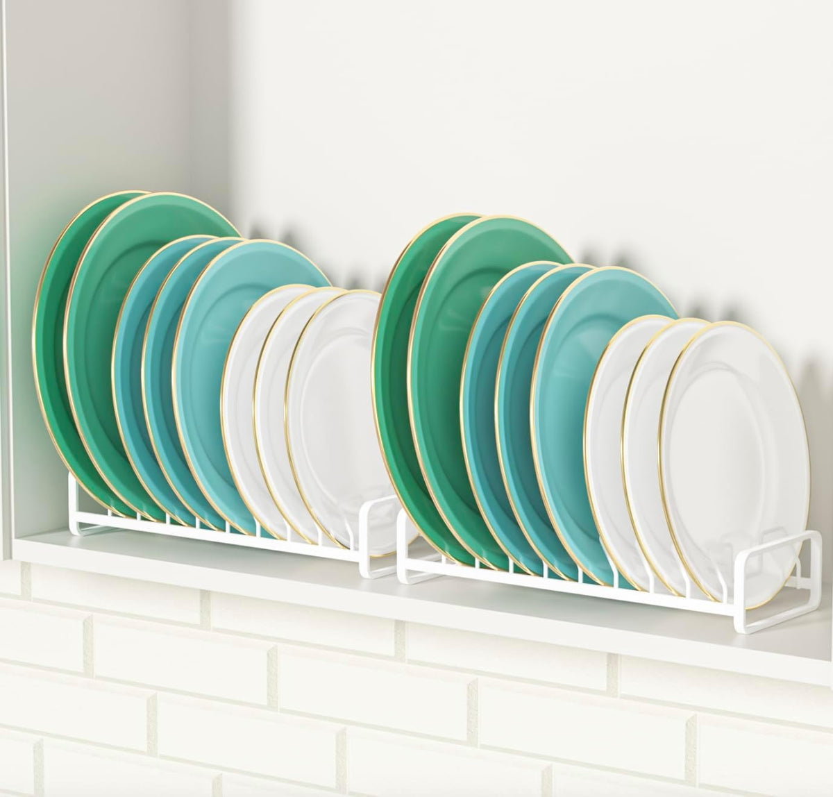 Plate Organizer for Cabinet (2-Pack),Kitchen Dish Rack Organizer for Cabinet Countertop Drawer Space Saver，8 Slots Vertical Plate Holder Storage Rack, Housewarming Kitchen Gifts for Women (White)