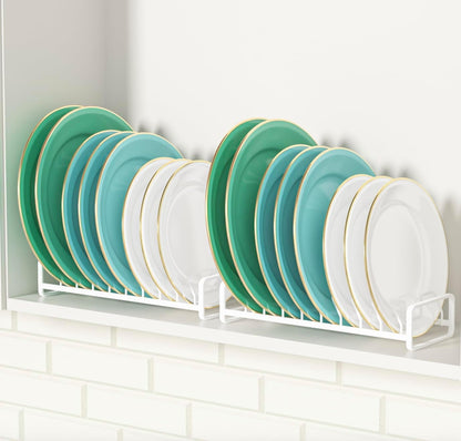 Plate Organizer for Cabinet (2-Pack),Kitchen Dish Rack Organizer for Cabinet Countertop Drawer Space Saver，8 Slots Vertical Plate Holder Storage Rack, Housewarming Kitchen Gifts for Women (White)