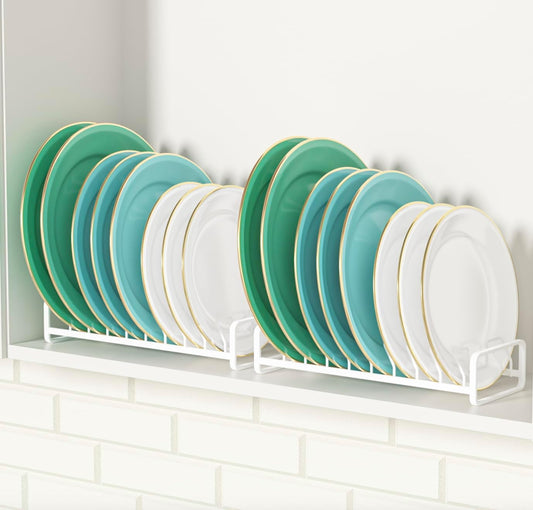 Plate Organizer for Cabinet (2-Pack),Kitchen Dish Rack Organizer for Cabinet Countertop Drawer Space Saver，8 Slots Vertical Plate Holder Storage Rack, Housewarming Kitchen Gifts for Women (White)