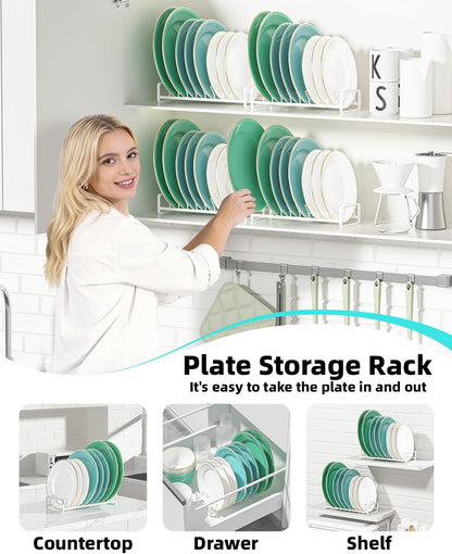 Plate Organizer for Cabinet (2-Pack),Kitchen Dish Rack Organizer for Cabinet Countertop Drawer Space Saver，8 Slots Vertical Plate Holder Storage Rack, Housewarming Kitchen Gifts for Women (White)