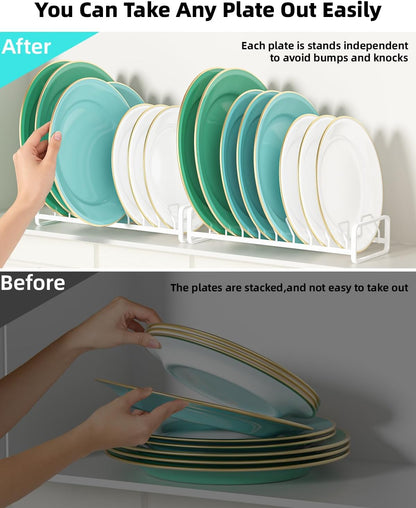 Plate Organizer for Cabinet (2-Pack),Kitchen Dish Rack Organizer for Cabinet Countertop Drawer Space Saver，8 Slots Vertical Plate Holder Storage Rack, Housewarming Kitchen Gifts for Women (White)