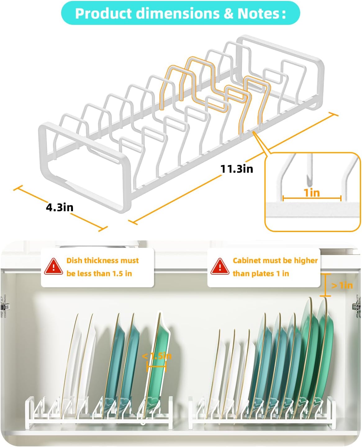 Plate Organizer for Cabinet (2-Pack),Kitchen Dish Rack Organizer for Cabinet Countertop Drawer Space Saver，8 Slots Vertical Plate Holder Storage Rack, Housewarming Kitchen Gifts for Women (White)