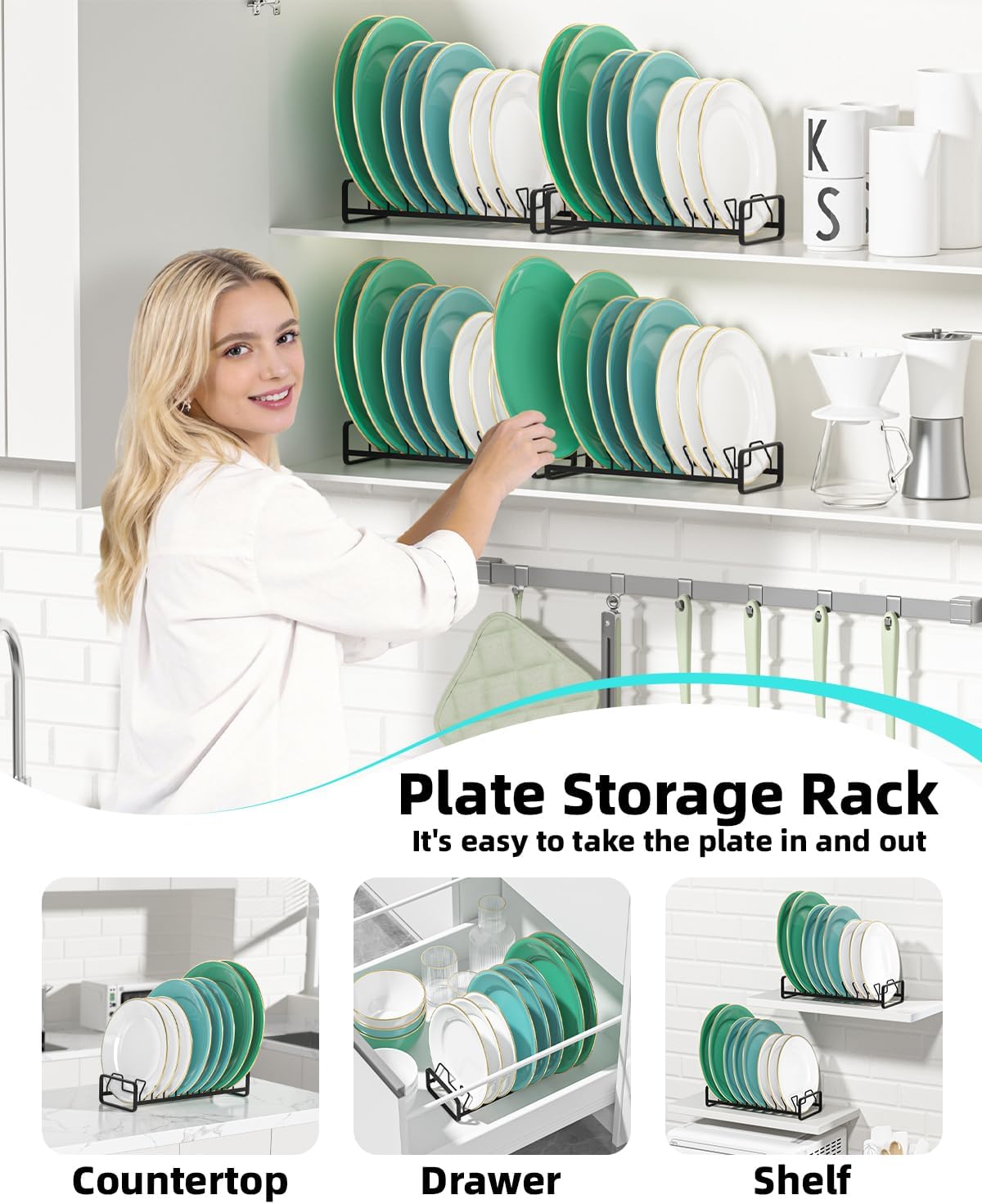 Plate Organizer for Cabinet (2-Pack),Kitchen Dish Rack Organizer for Cabinet Countertop Drawer Space Saver，8 Slots Vertical Plate Holder Storage Rack, Housewarming Kitchen Gifts for Women (White)