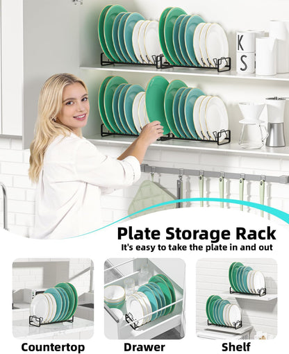 Plate Organizer for Cabinet (2-Pack),Kitchen Dish Rack Organizer for Cabinet Countertop Drawer Space Saver，8 Slots Vertical Plate Holder Storage Rack, Housewarming Kitchen Gifts for Women (White)