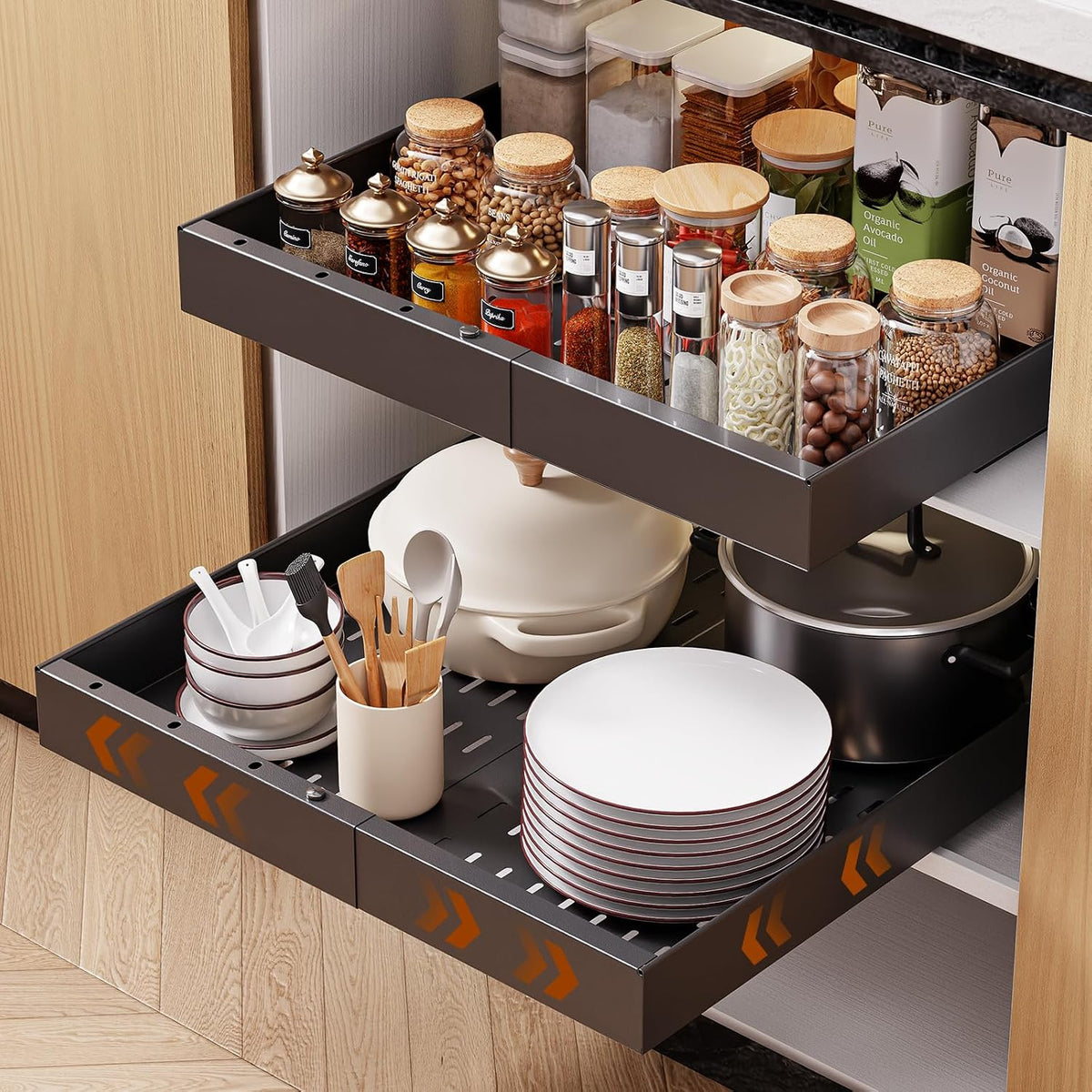 Pull Out Cabinet Organizer, 21" Deep Slide Out Drawers for Kitchen Cabinets, No Drill Adhesive Pull Out Drawers for Cabinets, Roll Out Shelves Adjustable Width 12.05"-20.4"