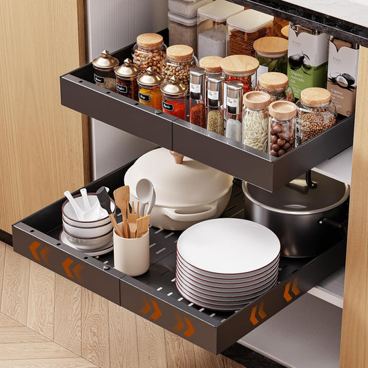 Pull Out Cabinet Organizer, 21" Deep Slide Out Drawers for Kitchen Cabinets, No Drill Adhesive Pull Out Drawers for Cabinets, Roll Out Shelves Adjustable Width 12.05"-20.4"