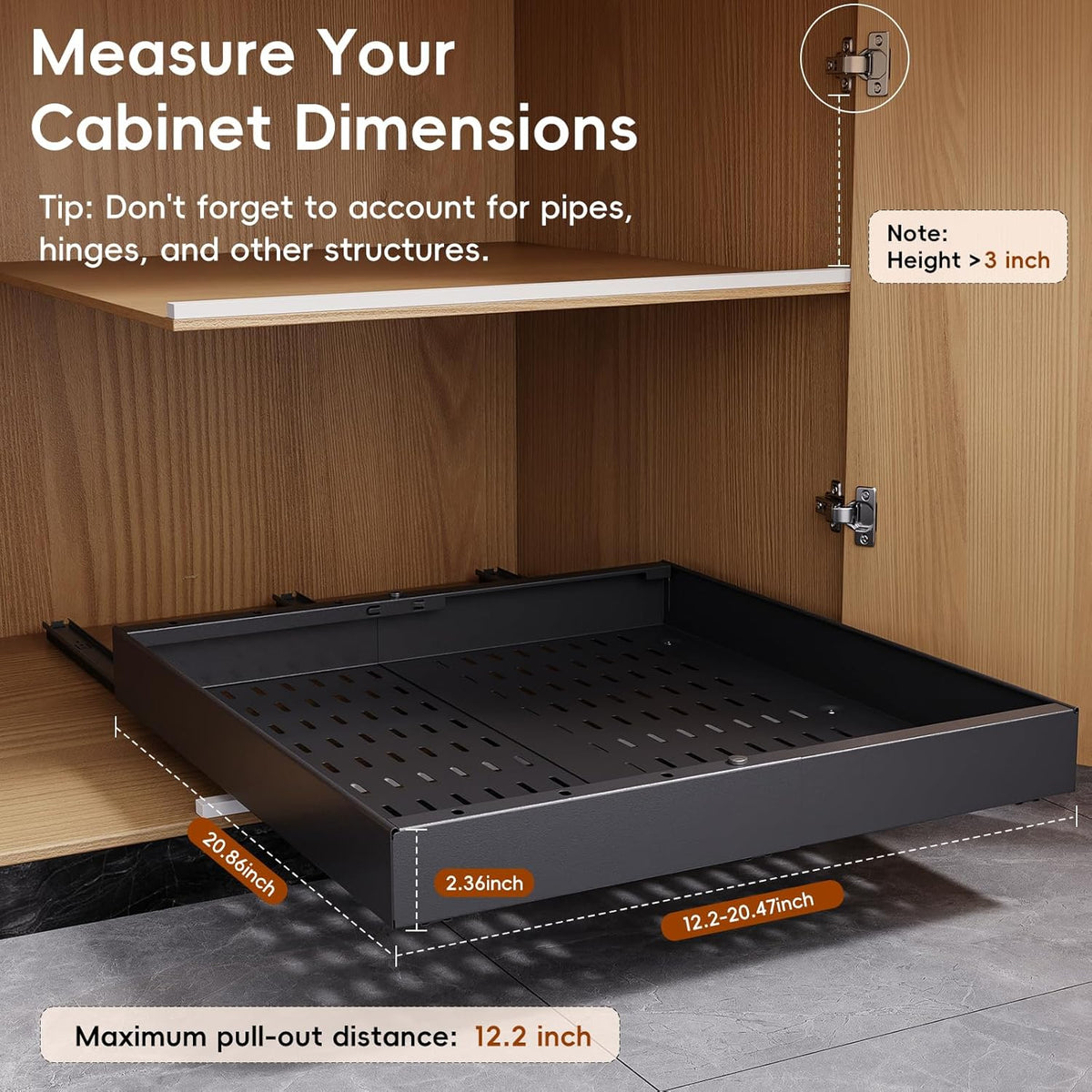 Pull Out Cabinet Organizer, 21" Deep Slide Out Drawers for Kitchen Cabinets, No Drill Adhesive Pull Out Drawers for Cabinets, Roll Out Shelves Adjustable Width 12.05"-20.4"