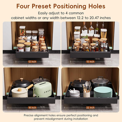Pull Out Cabinet Organizer, 21" Deep Slide Out Drawers for Kitchen Cabinets, No Drill Adhesive Pull Out Drawers for Cabinets, Roll Out Shelves Adjustable Width 12.05"-20.4"