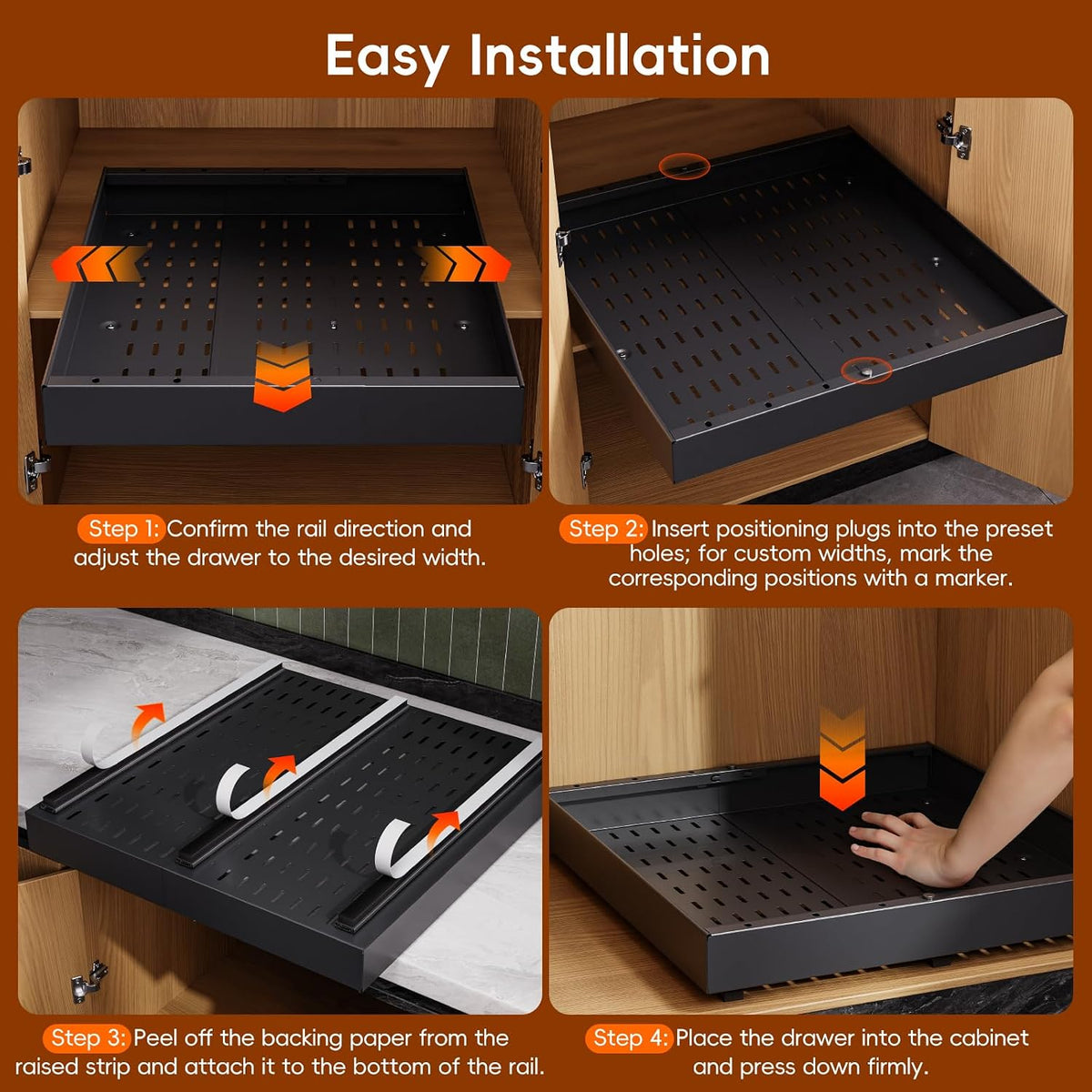 Pull Out Cabinet Organizer, 21" Deep Slide Out Drawers for Kitchen Cabinets, No Drill Adhesive Pull Out Drawers for Cabinets, Roll Out Shelves Adjustable Width 12.05"-20.4"
