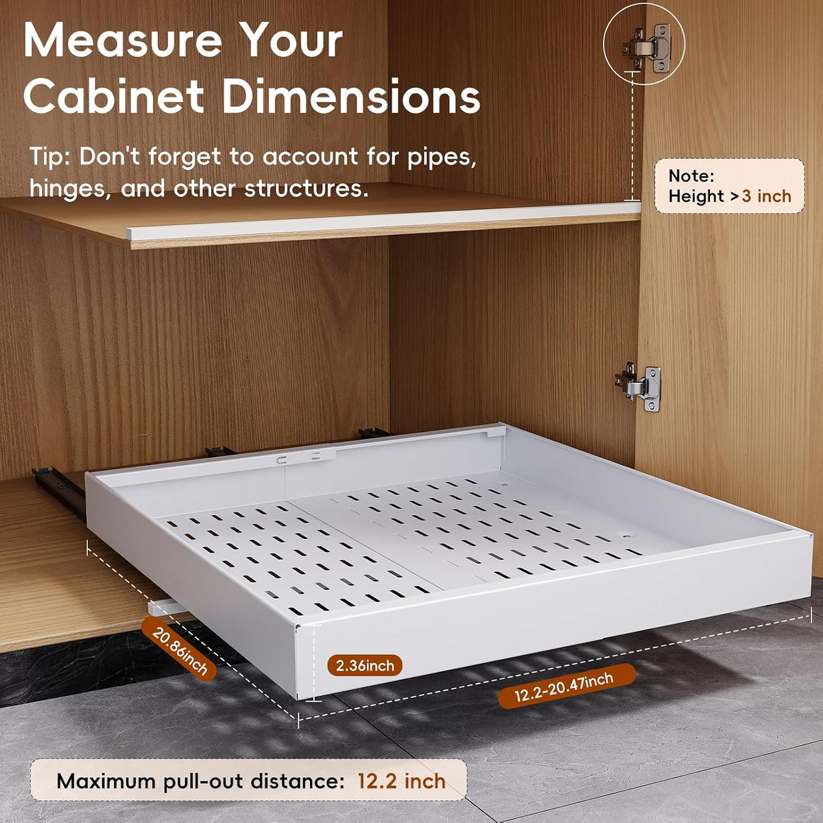 Pull Out Cabinet Organizer, 21" Deep Slide Out Drawers for Kitchen Cabinets, No Drill Adhesive Pull Out Drawers for Cabinets, Roll Out Shelves Adjustable Width 12.05"-20.4"