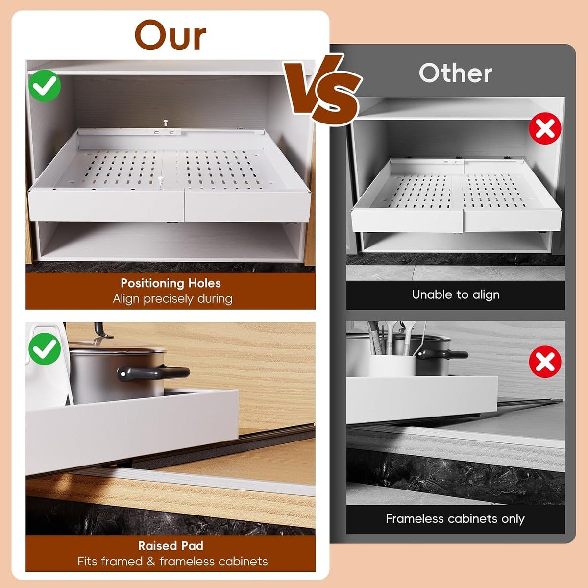 Pull Out Cabinet Organizer, 21" Deep Slide Out Drawers for Kitchen Cabinets, No Drill Adhesive Pull Out Drawers for Cabinets, Roll Out Shelves Adjustable Width 12.05"-20.4"