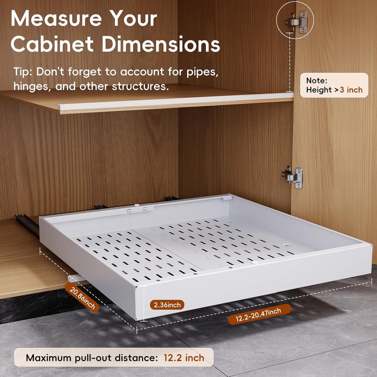Pull Out Cabinet Organizer, 21" Deep Slide Out Drawers for Kitchen Cabinets, No Drill Adhesive Pull Out Drawers for Cabinets, Roll Out Shelves Adjustable Width 12.05"-20.4"