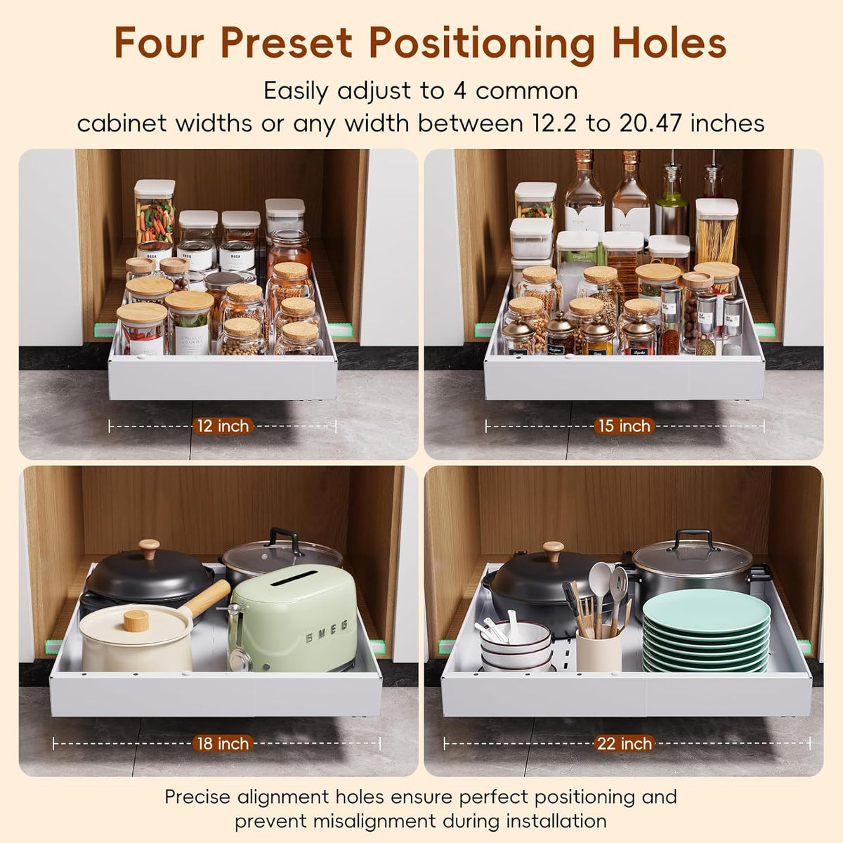 Pull Out Cabinet Organizer, 21" Deep Slide Out Drawers for Kitchen Cabinets, No Drill Adhesive Pull Out Drawers for Cabinets, Roll Out Shelves Adjustable Width 12.05"-20.4"