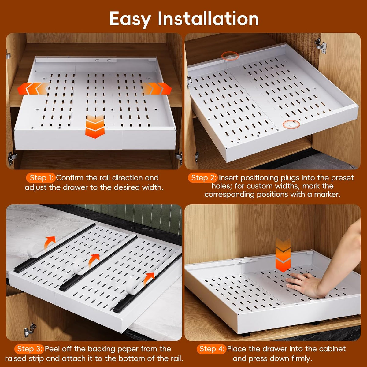 Pull Out Cabinet Organizer, 21" Deep Slide Out Drawers for Kitchen Cabinets, No Drill Adhesive Pull Out Drawers for Cabinets, Roll Out Shelves Adjustable Width 12.05"-20.4"