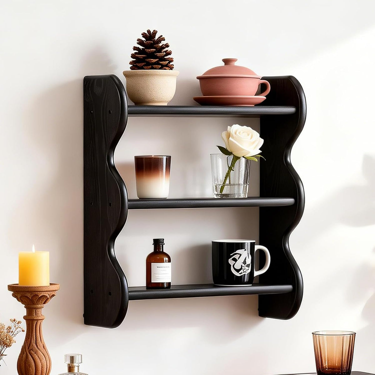 100% Solid Wood Wall Shelf 3-Tier, Rustic Floating Shelves Wall Mounted Storage Rack, Farmhouse Decor Hanging Shelf Display Shelves for Apartment, Living Room and Bedroom