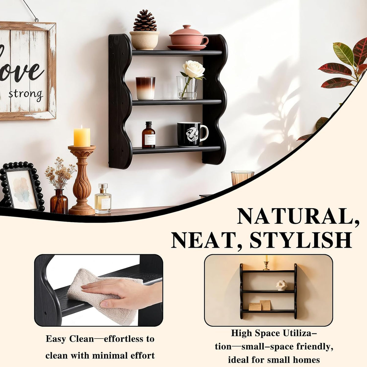 100% Solid Wood Wall Shelf 3-Tier, Rustic Floating Shelves Wall Mounted Storage Rack, Farmhouse Decor Hanging Shelf Display Shelves for Apartment, Living Room and Bedroom