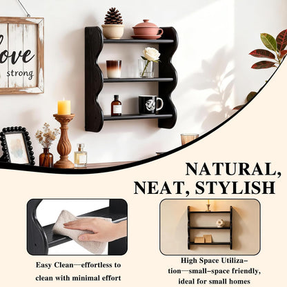 100% Solid Wood Wall Shelf 3-Tier, Rustic Floating Shelves Wall Mounted Storage Rack, Farmhouse Decor Hanging Shelf Display Shelves for Apartment, Living Room and Bedroom