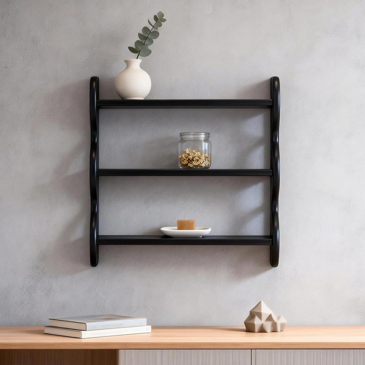 100% Solid Wood Wall Shelf 3-Tier, Rustic Floating Shelves Wall Mounted Storage Rack, Farmhouse Decor Hanging Shelf Display Shelves for Apartment, Living Room and Bedroom