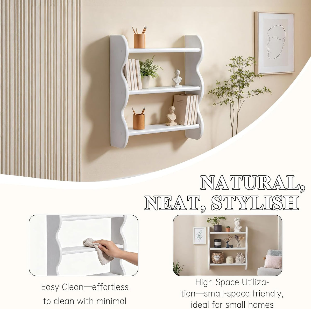 100% Solid Wood Wall Shelf 3-Tier, Rustic Floating Shelves Wall Mounted Storage Rack, Farmhouse Decor Hanging Shelf Display Shelves for Apartment, Living Room and Bedroom