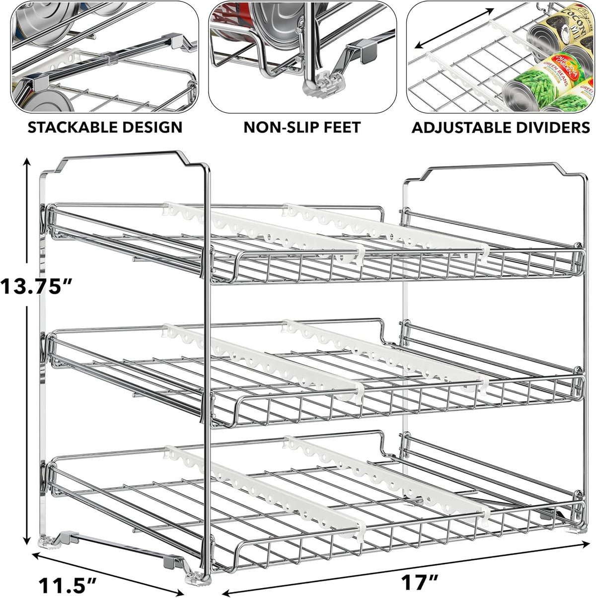 3-Tier Stackable Can Organizer Rack Hold 36 Cans, Chrome