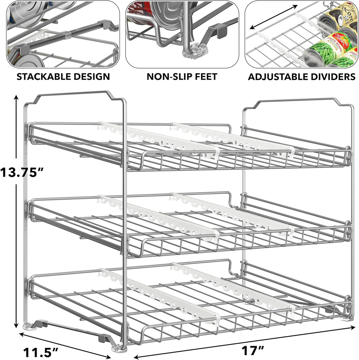 3-Tier Stackable Can Organizer Rack Hold 36 Cans, Chrome