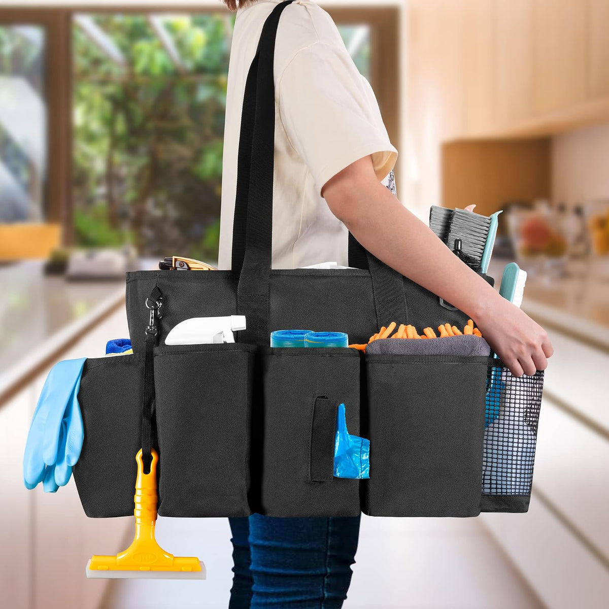 LoDrid Professional Cleaning Tote Caddy for Cleaning Supply, Totem | Cleaning Bag Organizer with Dividers and Handle Strap for Housekeepers Work, Bag Only