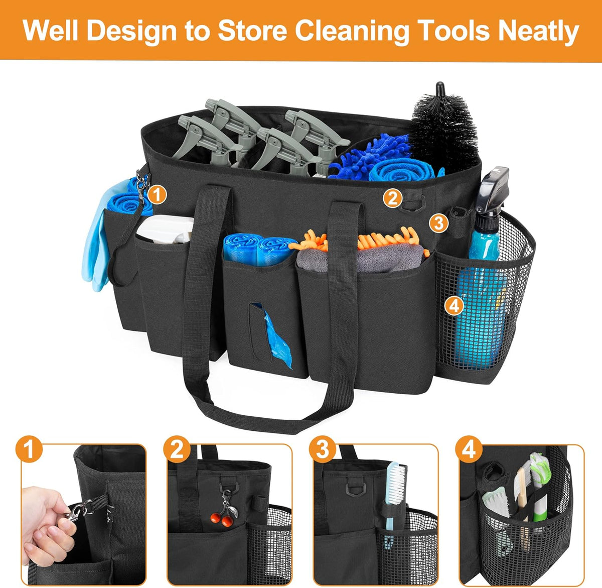 LoDrid Professional Cleaning Tote Caddy for Cleaning Supply, Totem | Cleaning Bag Organizer with Dividers and Handle Strap for Housekeepers Work, Bag Only