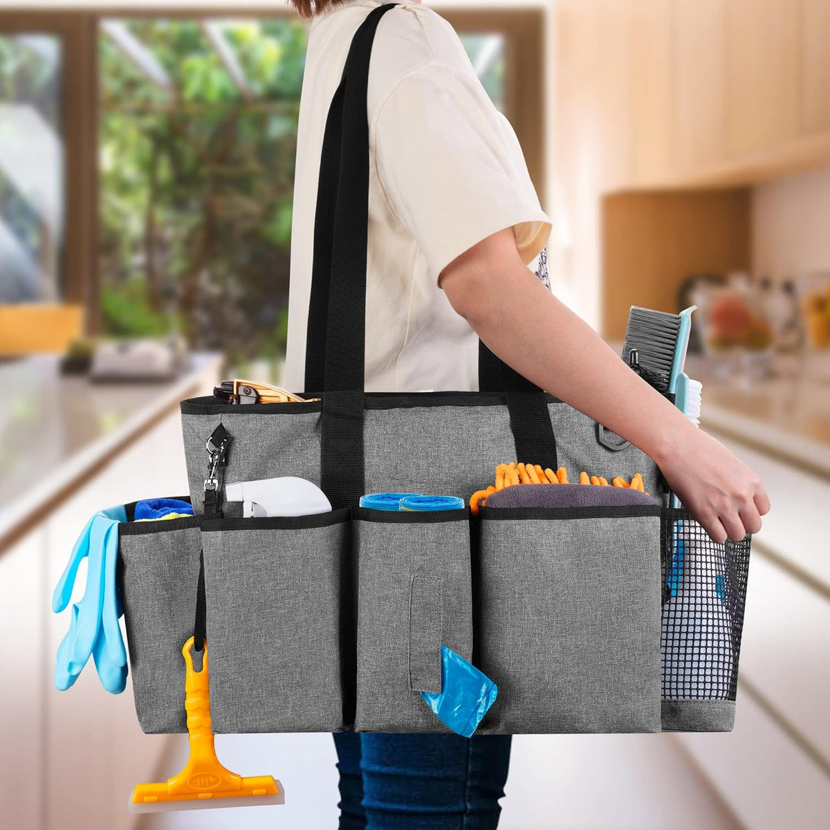 LoDrid Professional Cleaning Tote Caddy for Cleaning Supply, Totem | Cleaning Bag Organizer with Dividers and Handle Strap for Housekeepers Work, Bag Only