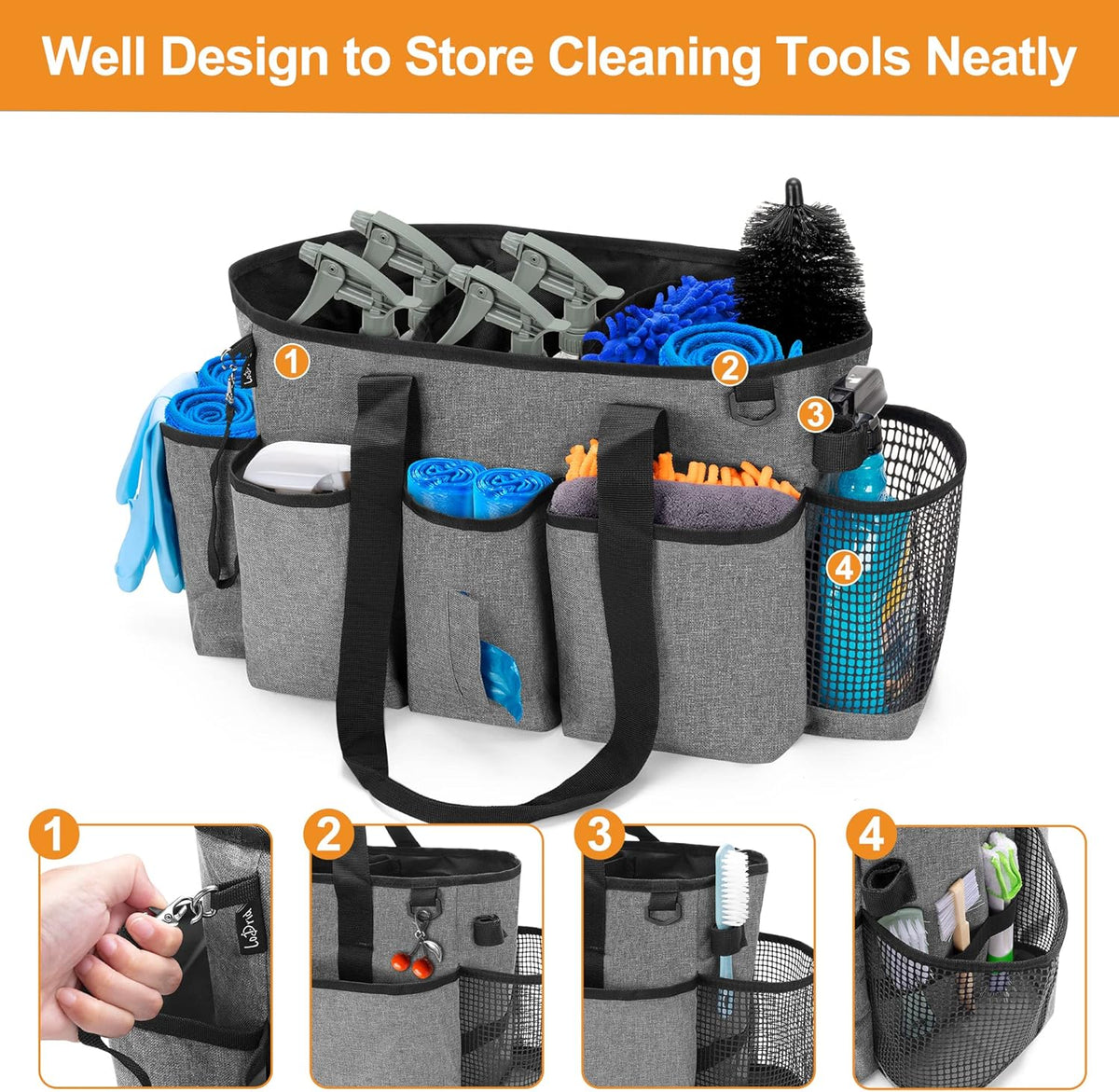 LoDrid Professional Cleaning Tote Caddy for Cleaning Supply, Totem | Cleaning Bag Organizer with Dividers and Handle Strap for Housekeepers Work, Bag Only