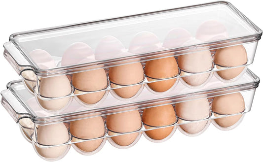 2 Pack Egg Holder for Refrigerator, Plastic Egg Storage Container, Fridge Egg Organizer, Clear Refrigerator Organizer Bins with Lids, Stackable Tray Holds 12 Eggs