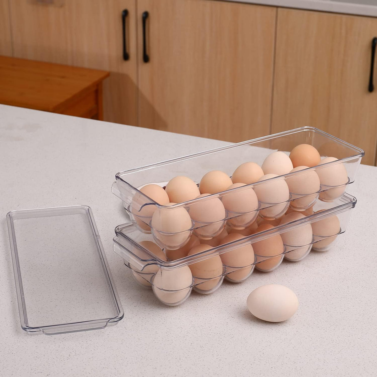 2 Pack Egg Holder for Refrigerator, Plastic Egg Storage Container, Fridge Egg Organizer, Clear Refrigerator Organizer Bins with Lids, Stackable Tray Holds 12 Eggs