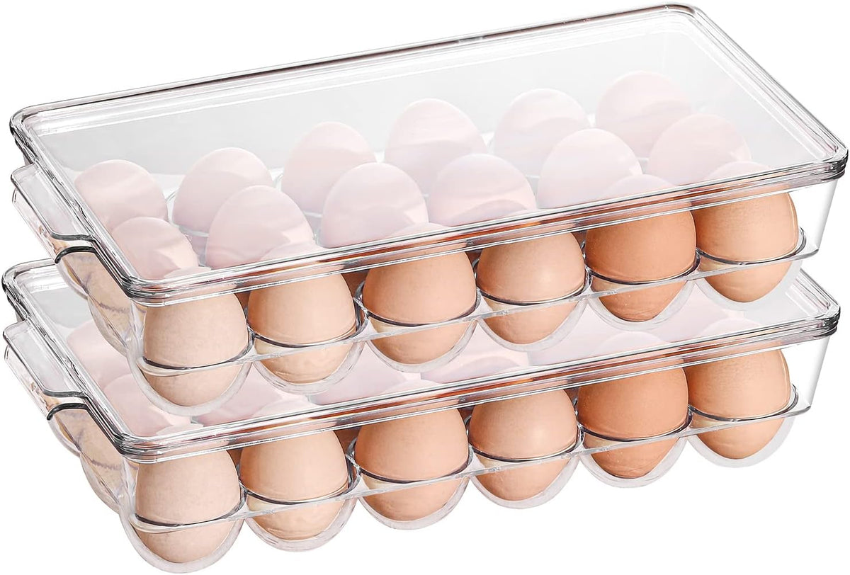 2 Pack Egg Holder for Refrigerator, Plastic Egg Storage Container, Fridge Egg Organizer, Clear Refrigerator Organizer Bins with Lids, Stackable Tray Holds 12 Eggs