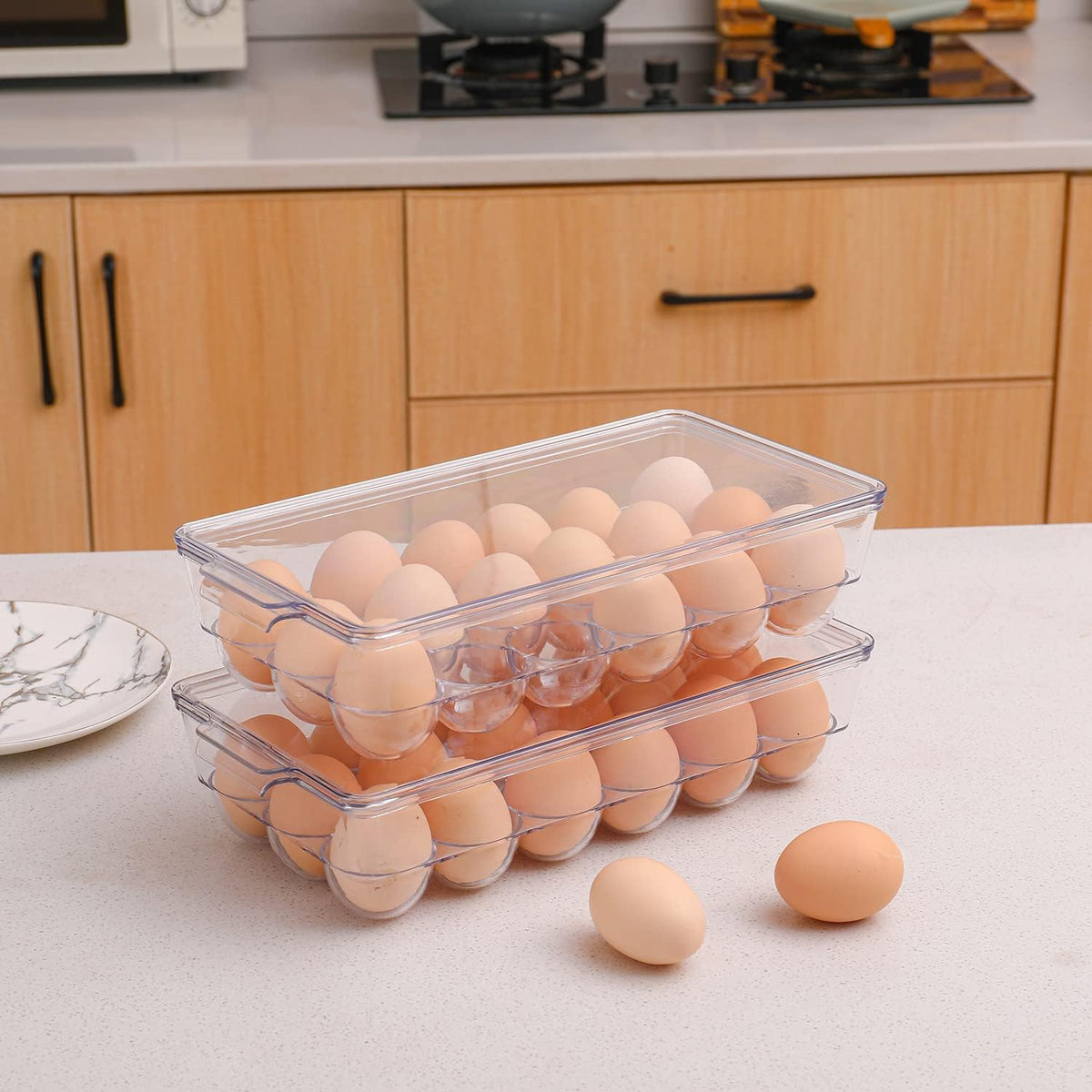 2 Pack Egg Holder for Refrigerator, Plastic Egg Storage Container, Fridge Egg Organizer, Clear Refrigerator Organizer Bins with Lids, Stackable Tray Holds 12 Eggs