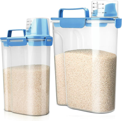 Rice Airtight Storage Container, 3 to 5Lbs Cereal Dry Food Flour Bin, Pet Dog Cat Food Dispenser with Measuring Cup, BPA Free Clear Plastic Kitchen and Pantry Organization Bin for Sugar