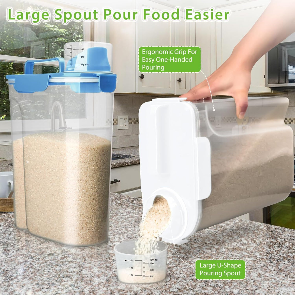 Rice Airtight Storage Container, 3 to 5Lbs Cereal Dry Food Flour Bin, Pet Dog Cat Food Dispenser with Measuring Cup, BPA Free Clear Plastic Kitchen and Pantry Organization Bin for Sugar