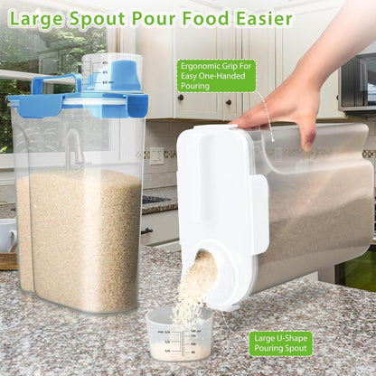 Rice Airtight Storage Container, 3 to 5Lbs Cereal Dry Food Flour Bin, Pet Dog Cat Food Dispenser with Measuring Cup, BPA Free Clear Plastic Kitchen and Pantry Organization Bin for Sugar